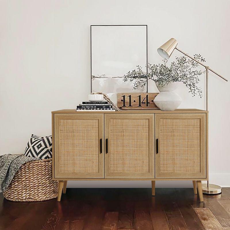 LuxenHome Rattan Buffet Cabinet with Storage, 47" Light Oak Finish Wood Accent Sideboard Cabinet with 3-Door, Boho Coffee Bar Console Table