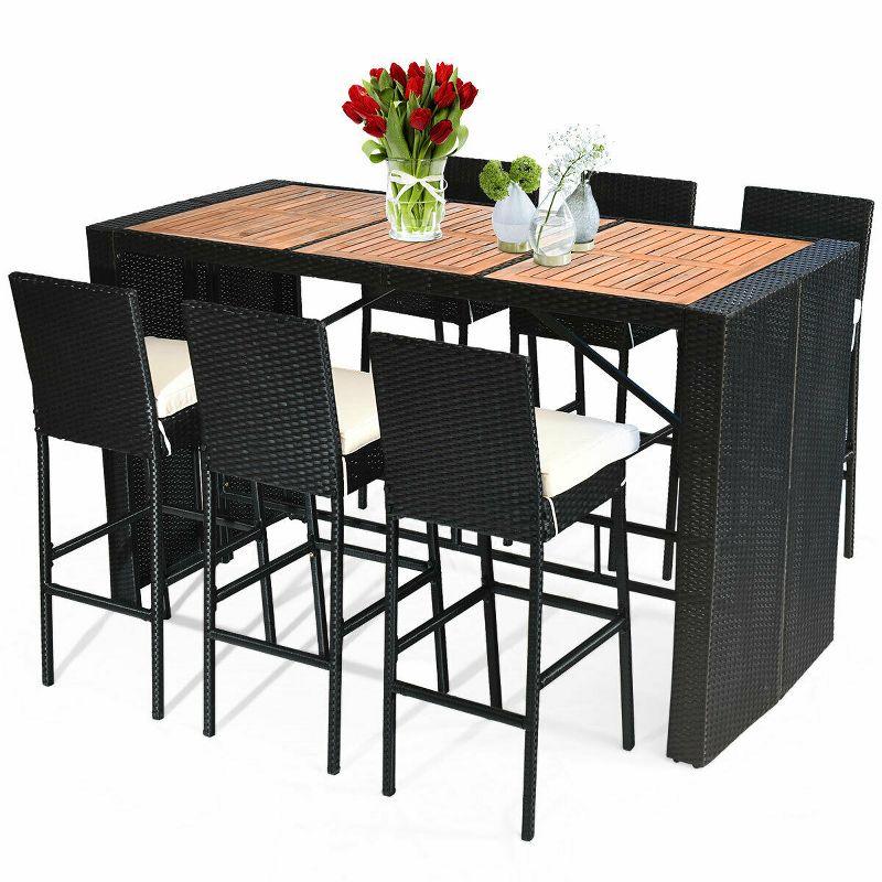 7-Piece Black Rattan Wicker Bar Dining Set with Wood Table Top and Cushions