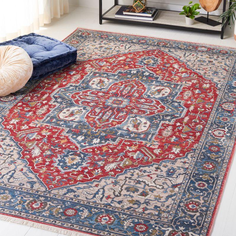 Vintage Red and Blue Hand-knotted Synthetic Area Rug 5' x 7'