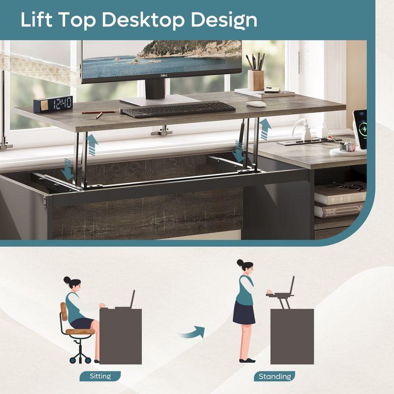 Bestier 60" L Shaped Desk with Power Outlets & Drawer, Lift Top Corner Computer Desk with Storage Shelves, Large Workstation for Home ,Gray