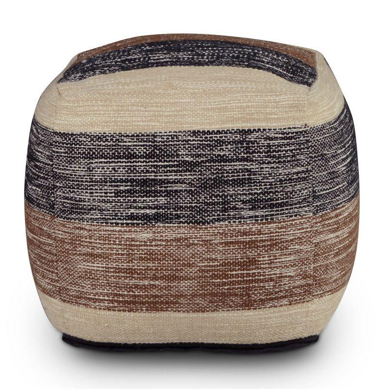 Tri-Color Earth Stripe Handwoven Pouf in Black, Brown, and Beige