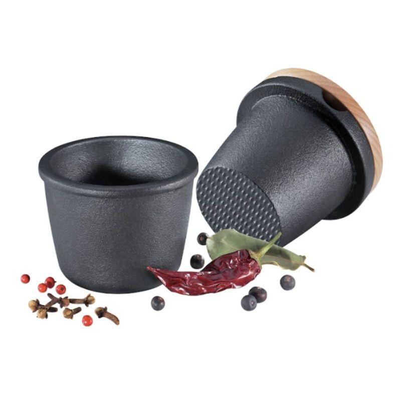 Compact Black Cast Iron Spice Grinder with Beech Wood Lid