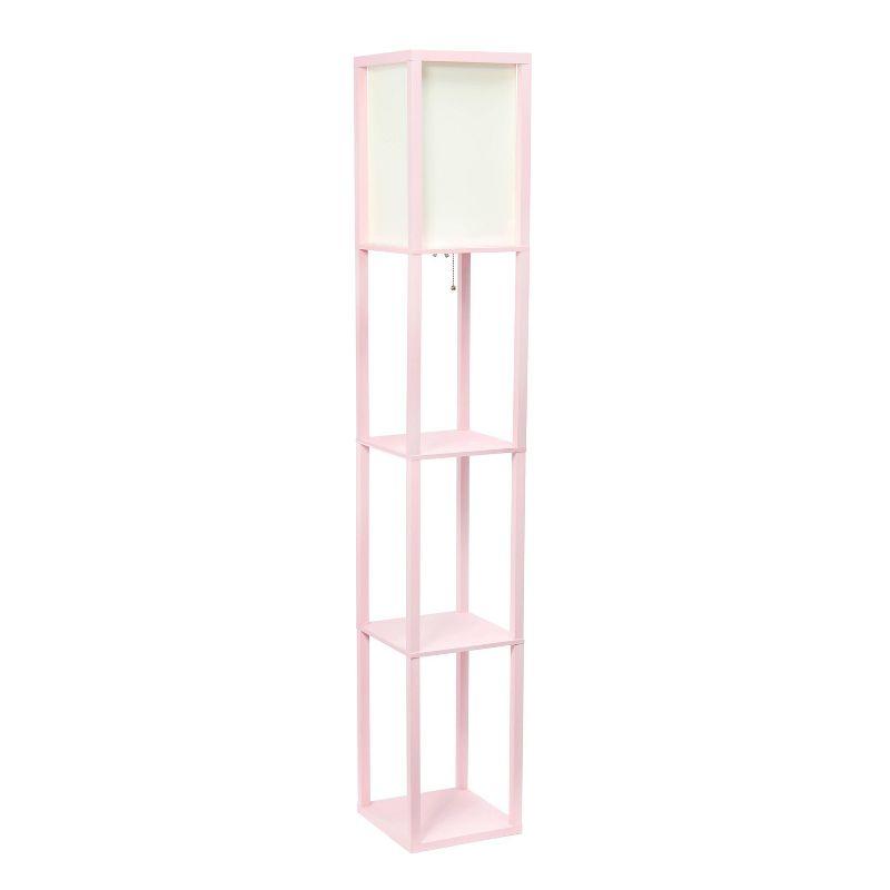 Elegant Light Pink Column Floor Lamp with Linen Shade and Display Shelves