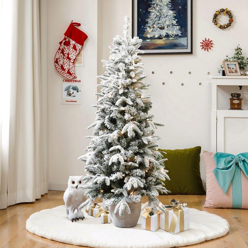 LuxenHome 5Ft Pre-Lit Snow Flocked Slim Fir Potted Artificial Christmas Tree Green