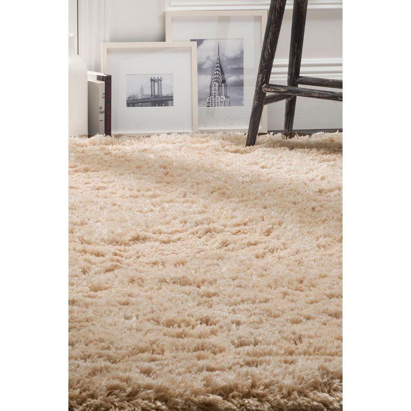 Sumptuous Silken Light Beige Round Shag Rug, Easy-Care Synthetic