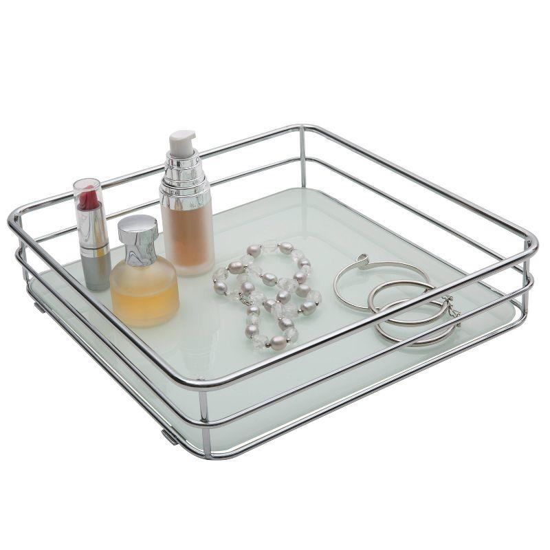 Square Vanity Tray with Glass Chrome - Elle Décor: Steel Bathroom Organizer, Perfume Display, Spot Clean