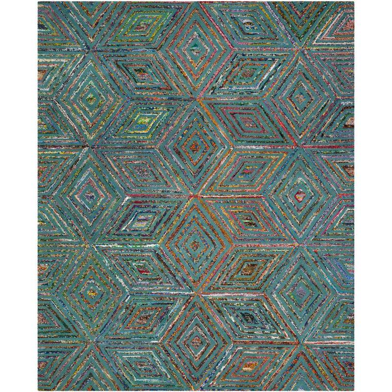 Handmade Blue Geometric Wool and Cotton Area Rug, 8' x 10'