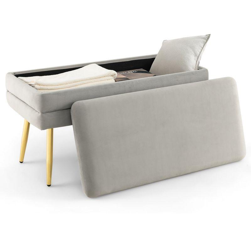 Tangkula Velvet Upholstered Storage Bench Bedroom Ottoman Bench w/ Removable Top Grey