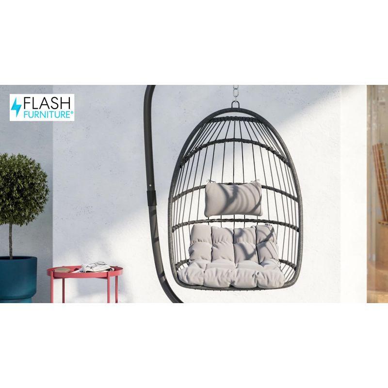 Flash Furniture Cleo Patio Hanging Egg Chair, Wicker Hammock with Soft Seat Cushions & Swing Stand, Indoor/Outdoor Gray Frame-Gray Cushions