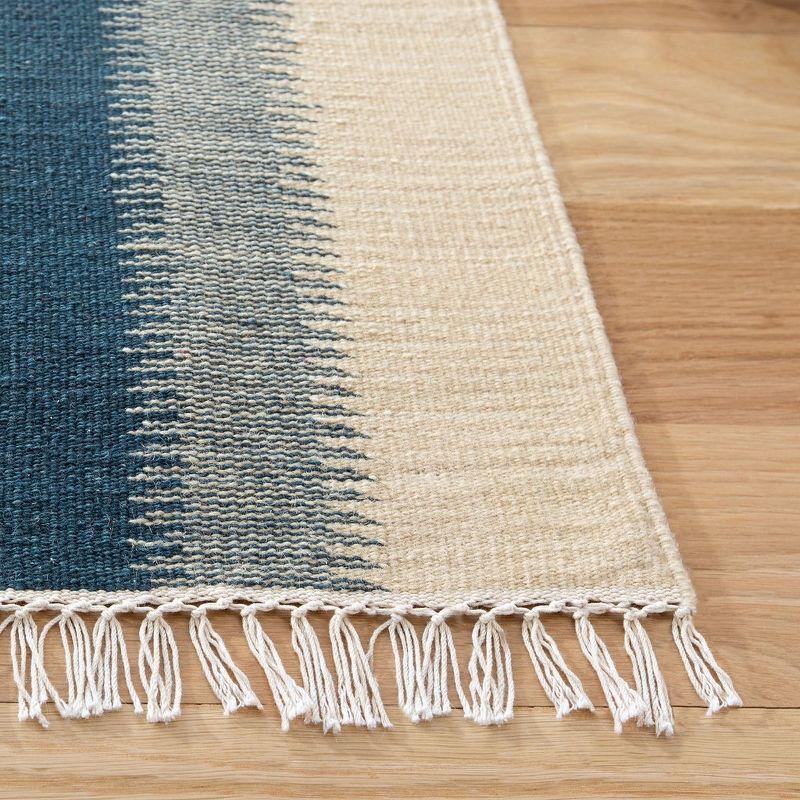 Handwoven Blue and Ivory Wool Geometric Square Rug