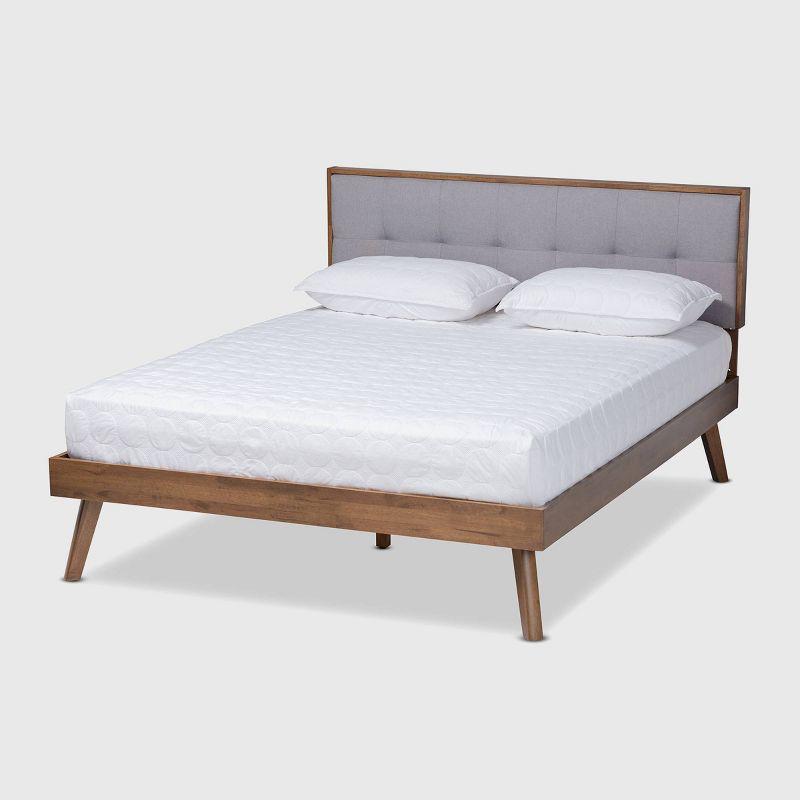 Elegant King-Sized Walnut Wood Frame Bed with Light Grey Upholstered Tufted Headboard