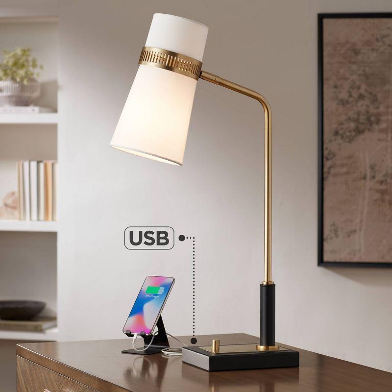 Possini Euro Design Cartwright Modern Mid Century Desk Lamp 32" Tall Antique Brass Black with USB Charging Port Linen Shade for Bedroom Living Room