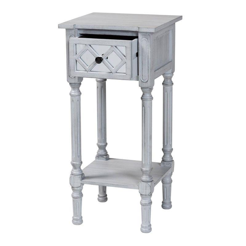 Baxton Studio Gellert Wood 1 Drawer End Table Gray/Mirror: Fir & MDF with Storage, Glass Accent