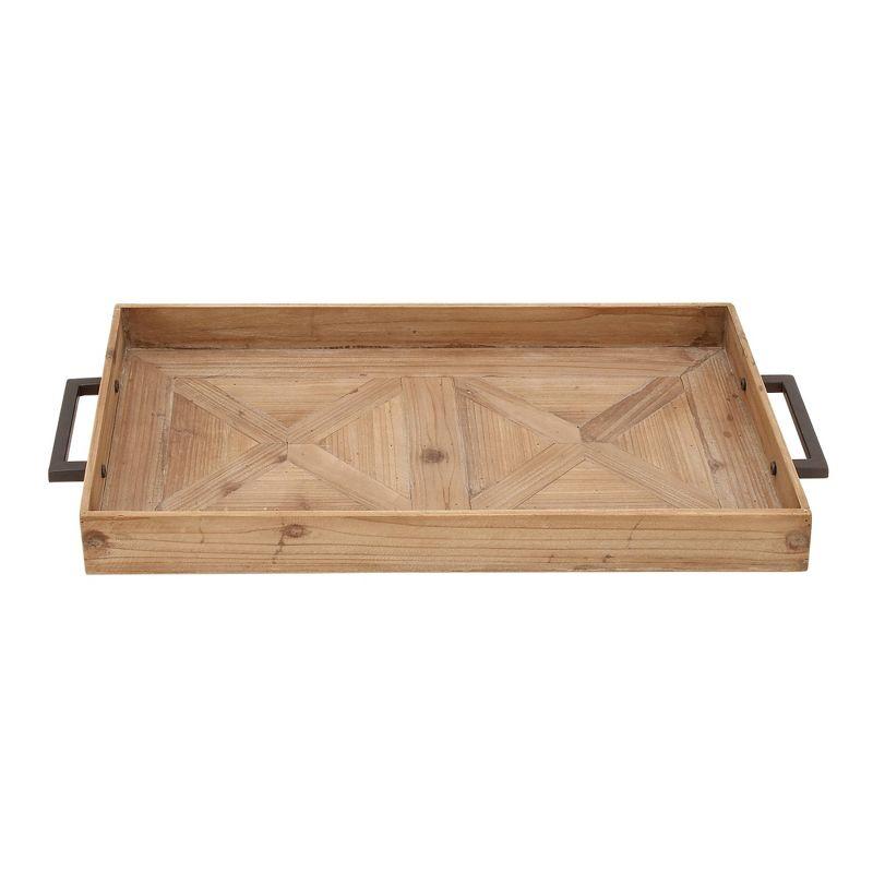 XL Rustic Brown Fir Wood Rectangular Tray with Iron Handles