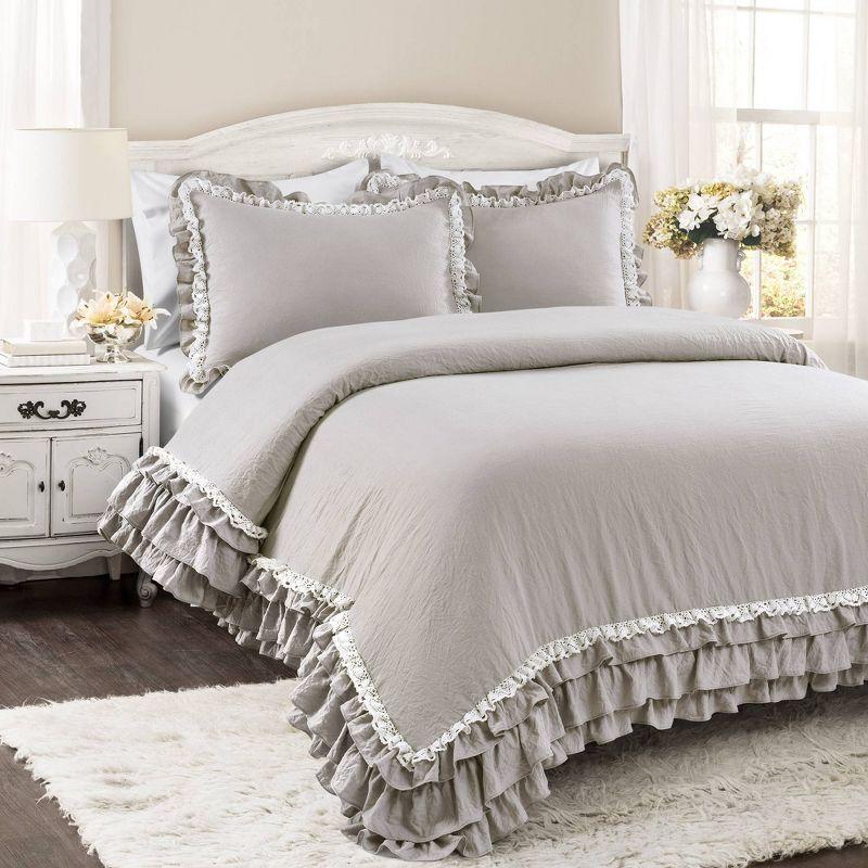 Light Gray Full Microfiber Ruffle Lace Comforter Set