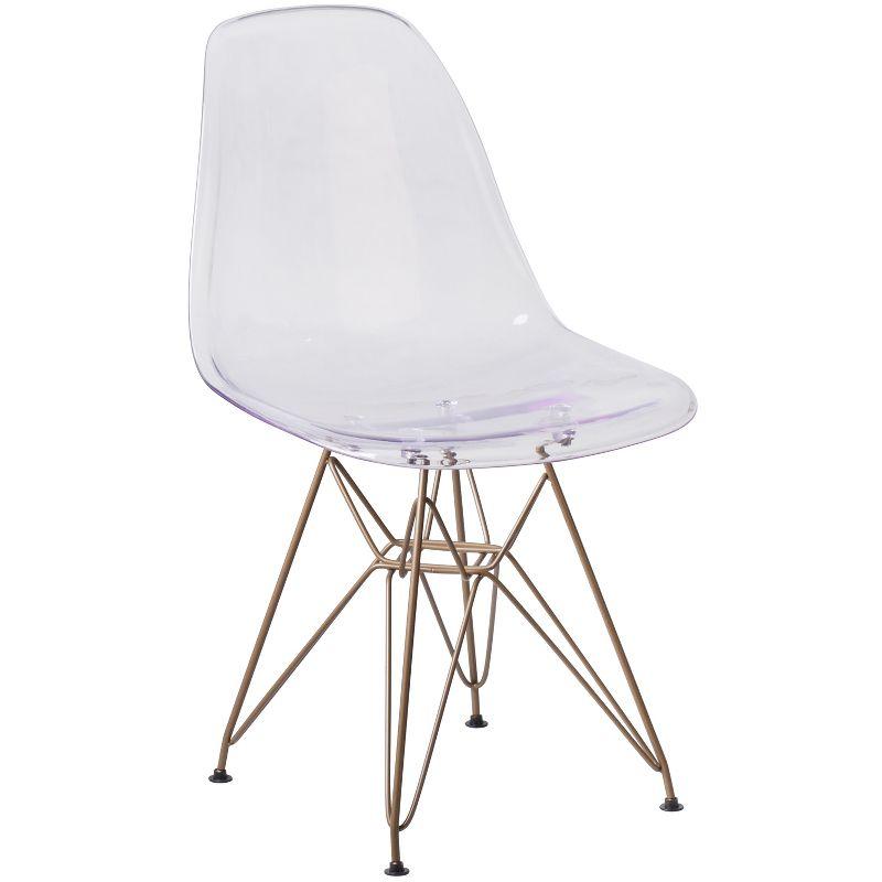 Elon Clear Polypropylene Armless Chair with Gold Metal Base