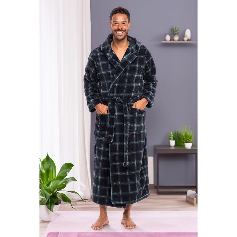 ADR Mens Robe, Plush Fleece Hooded Bathrobe Men, Men's Bathrobes, Big and Tall Bath Robe for Men Blue and Green Tartan Plaid 2XL