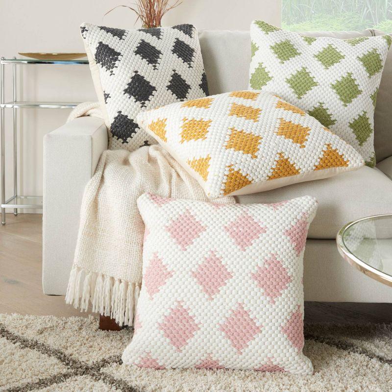 Blush Pink Ivory Woven Diamonds 20" Square Cotton Throw Pillow