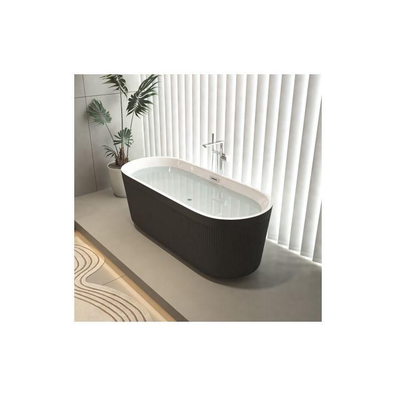 59" Gloss Black Acrylic Freestanding Bathtub with Pleated Design