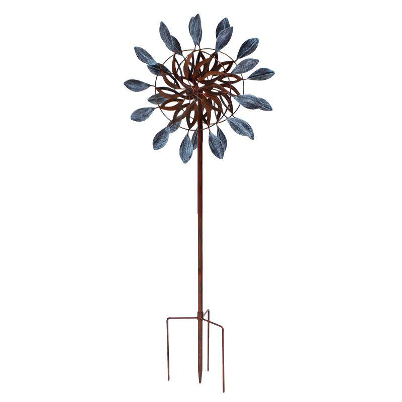 Sunnydaze Whirling Petals Powder-Coated Iron Wind Spinner - 48" H - Blue and Brown