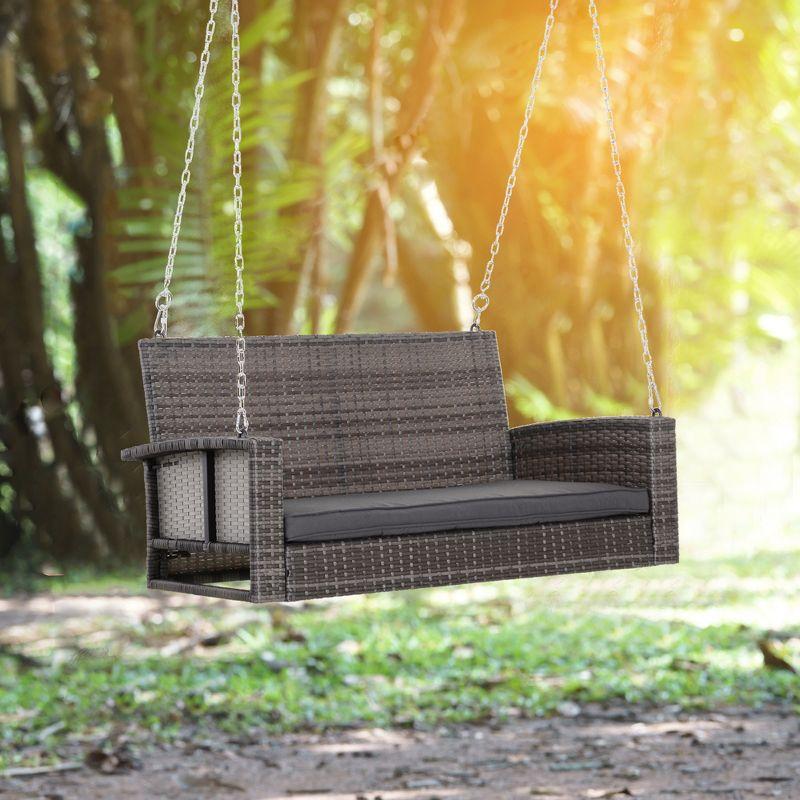 Outsunny 2-Person Wicker Hanging Porch Swing Bench, Front Porch Swing Outdoor Chair with Cushions 550lbs Weight Capacity for Backyard, Garden, gray