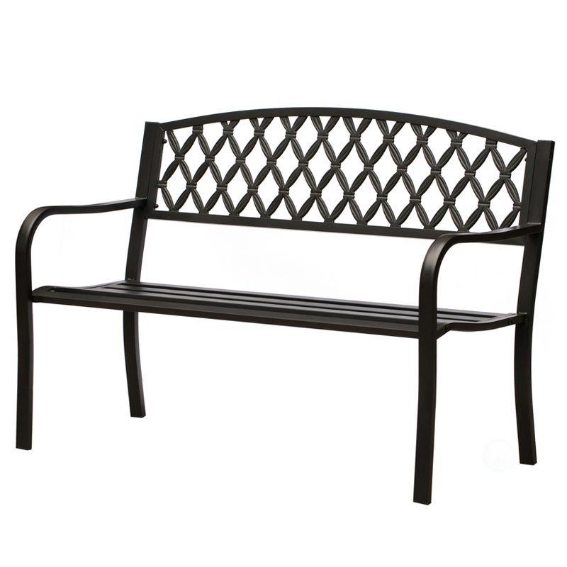 Black Steel Outdoor Garden Bench with Cast Iron Backrest