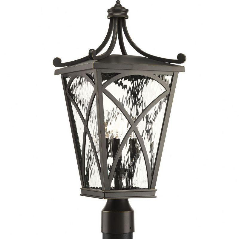 Progress Lighting, Cadence, 3-Light Post Lantern, Oil Rubbed Bronze, Clear Water Glass Panels, Mediterranean Style