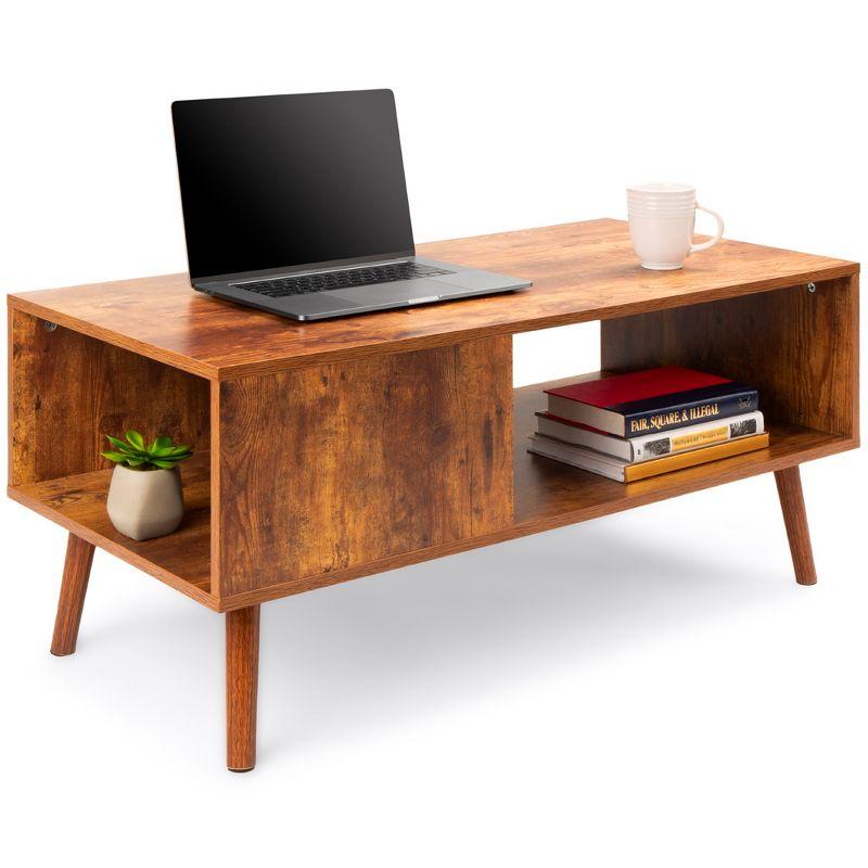 Mid-Century Modern Brown Wood Coffee Table with Storage Shelf