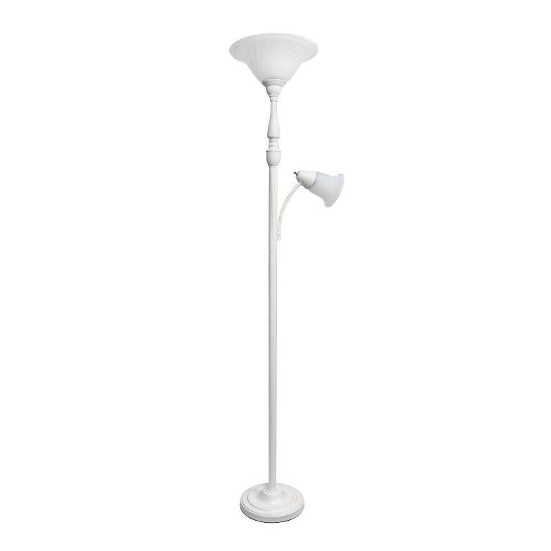 Elegant White Torchiere Floor Lamp with Marble Glass Shade and Reading Light