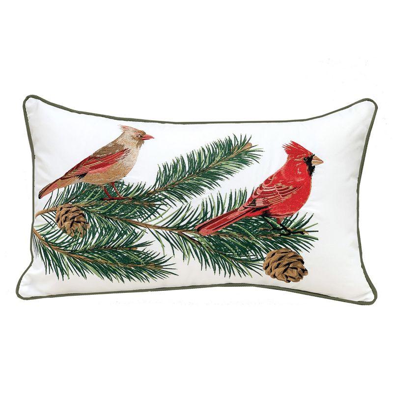 White and Green Embroidered Cardinal Pine Outdoor Pillow