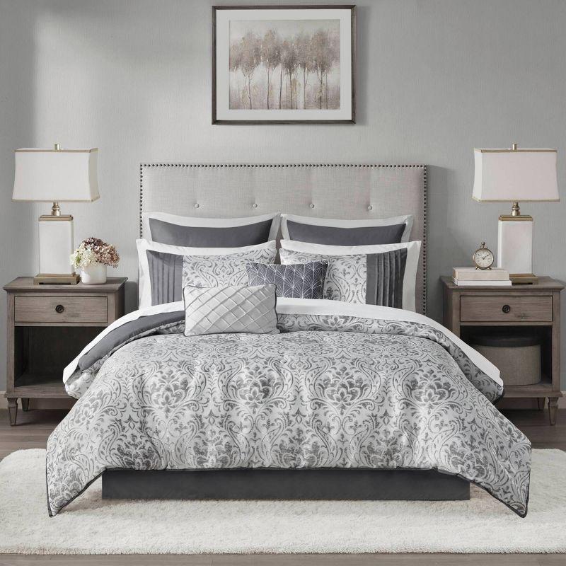 Madison Park 12pc King Grace Jacquard Comforter Set with Bed Sheet Silver