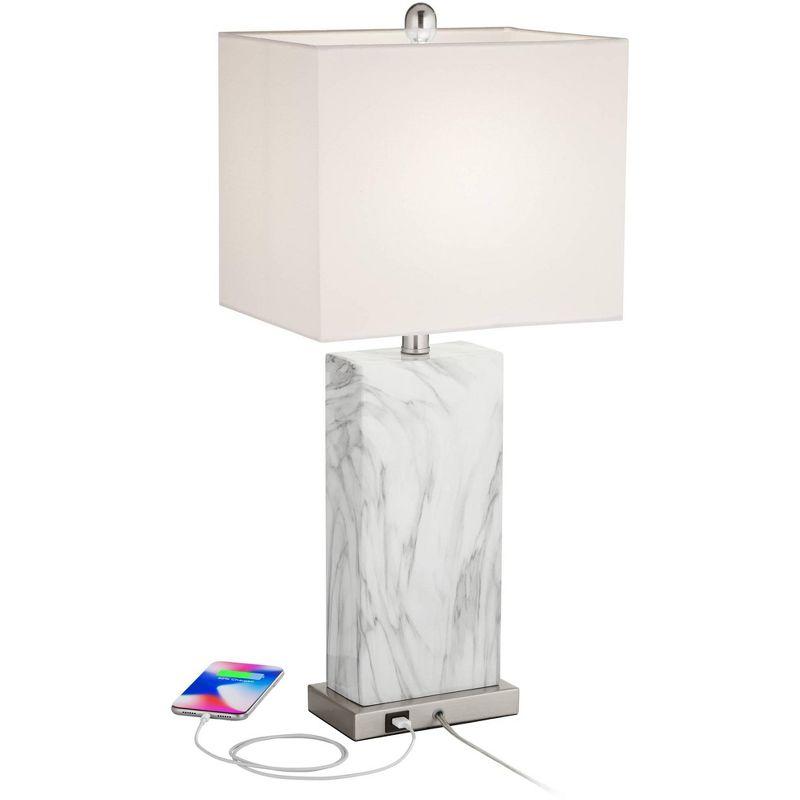 360 Lighting Connie Modern Table Lamps 25" High Set of 2 White Faux Marble with USB Charging Ports Rectangular Shade for Living Room Office Desk House