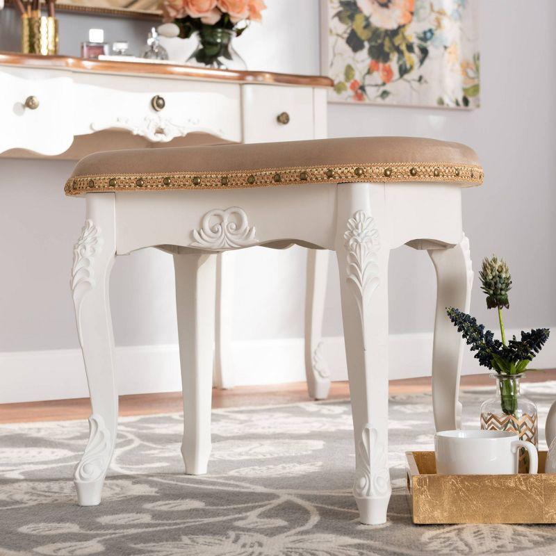 Gabrielle Velvet Fabric Upholstered Wood Vanity Ottoman Sand/White/Gold - Baxton Studio: French-Inspired, Brass Nailhead Detail, Cabriole Legs