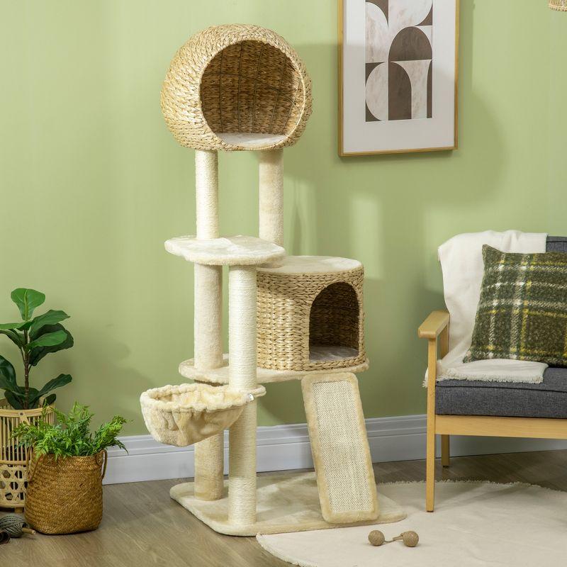 PawHut 59 Inch Cat Tree for Indoor Cats, Cat Tower with Cat Condo, Hammock, Perches, Scratching Posts, Ramp for Large Cats, Beige