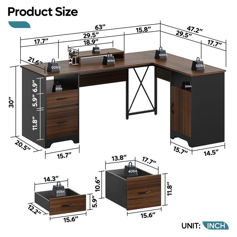 Bestier 63'' L Shaped Home Office Desk with File&Storage Drawers and Cabinet, Executive Desk with Monitor Stand and Open Compartments, Cherry