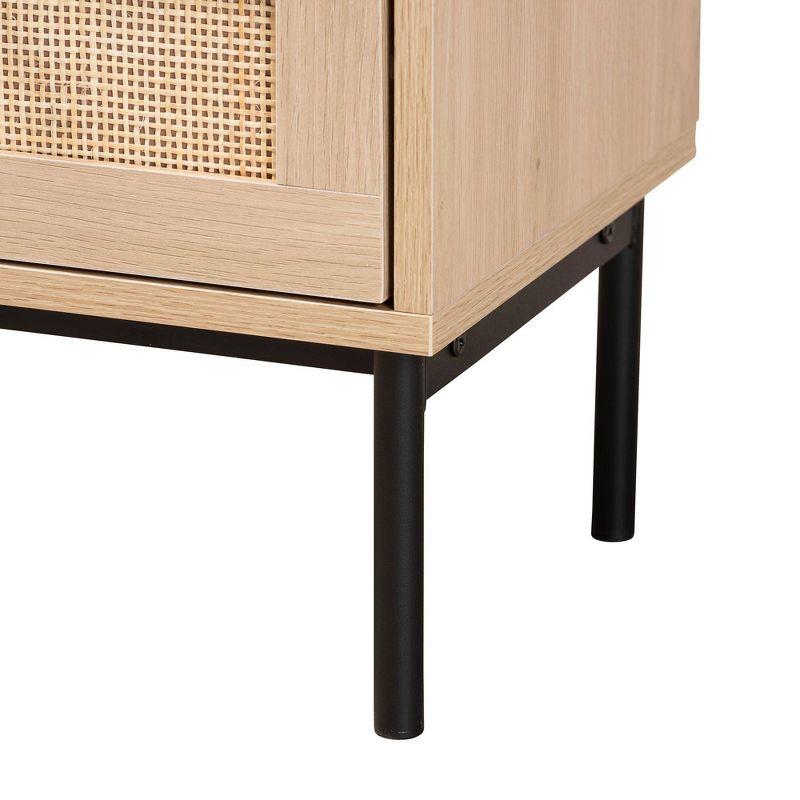 Baxton Studio Sherwin 2 Drawer End Table with Woven Rattan Accent Light Brown/Black: Mid-Century Storage, Metal Base