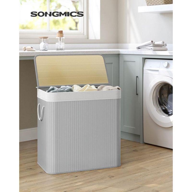 SONGMICS 39.6Gal (150L) Laundry Hamper, 3-Section Laundry Basket, Laundry Hamper with Lid, Bamboo, Foldable, Removable and Machine Washable Liner,Gray
