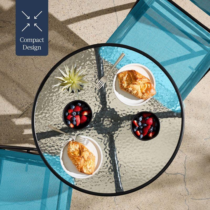 George Oliver 3-Piece Patio Bistro Dining Furniture Set W/ Glass Tabletop, Folding Chairs