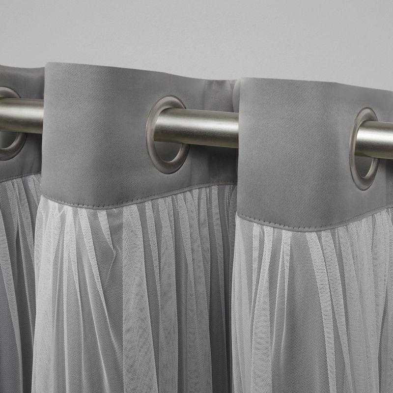 Exclusive Home Catarina Layered Solid Room Darkening Blackout and Sheer Grommet Top Curtain Panel Pair, 52"x84", Soft Grey