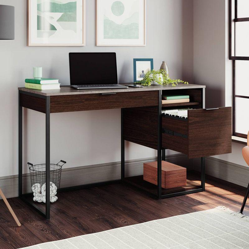 Umber Wood and Metal Single Pedestal Desk with Drawer