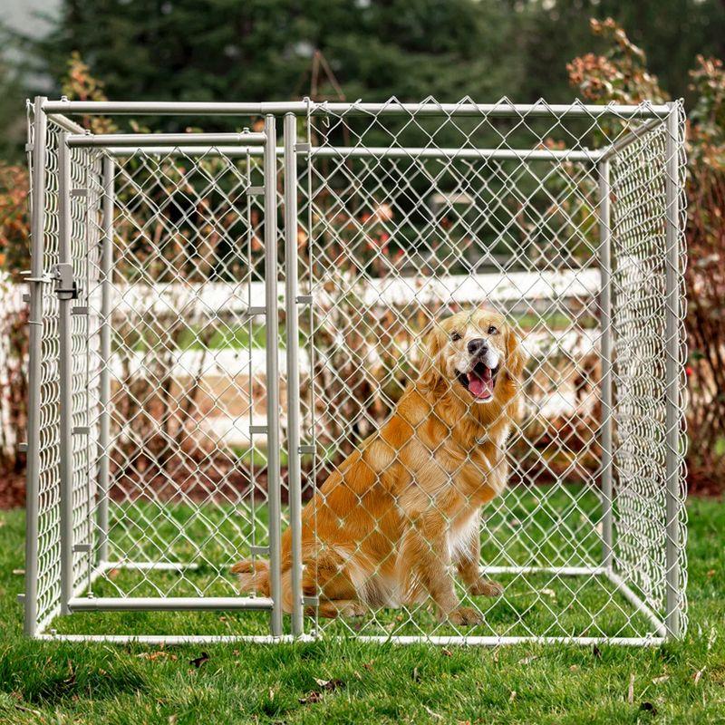 Lucky Dog Adjustable Heavy Duty Outdoor Galvanized Steel Chain Link Dog Kennel Enclosure with Latching Door, and Raised Legs