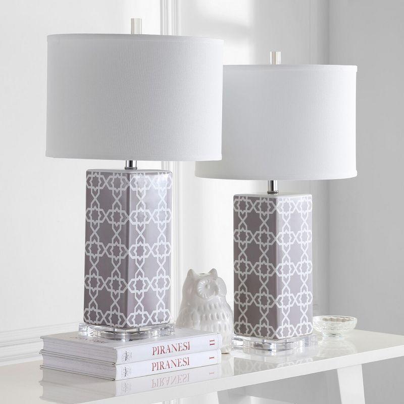 Quatrefoil Grey and White Ceramic Table Lamp Set with Cotton Shade