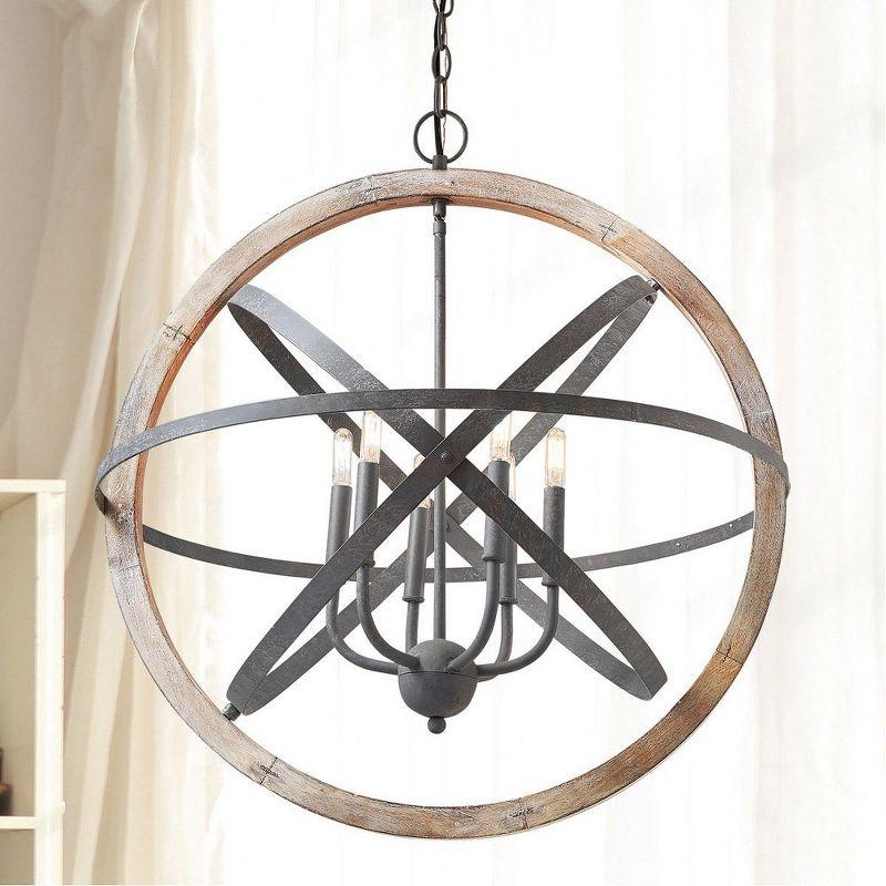 Rustic Industrial Iron & Wood Globe 6-Light Pendant