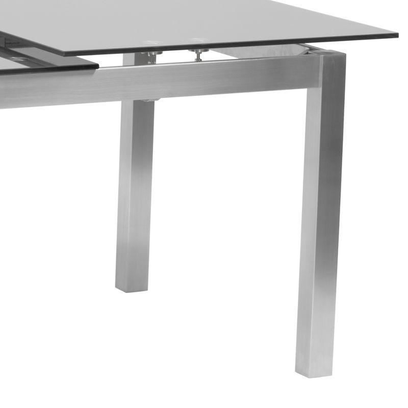 Armen Living IvanExtendable Dining Table in Brushed Stainless Steel and Gray Tempered Glass Top: Modern Self-Storing Leaf, Seats 6