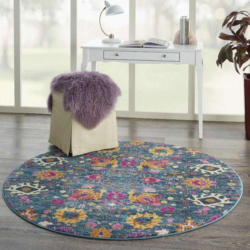 Denim Blue Floral Round Synthetic Area Rug 5'3"