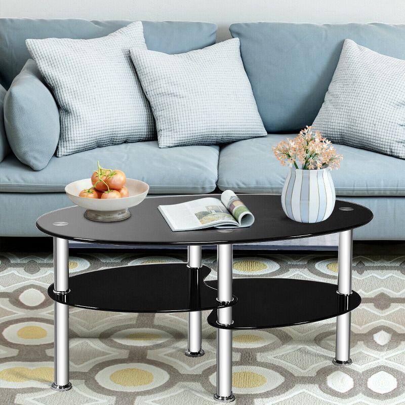 Costway Tempered Glass Oval Side Coffee Table Shelf Chrome Base Living Room Black