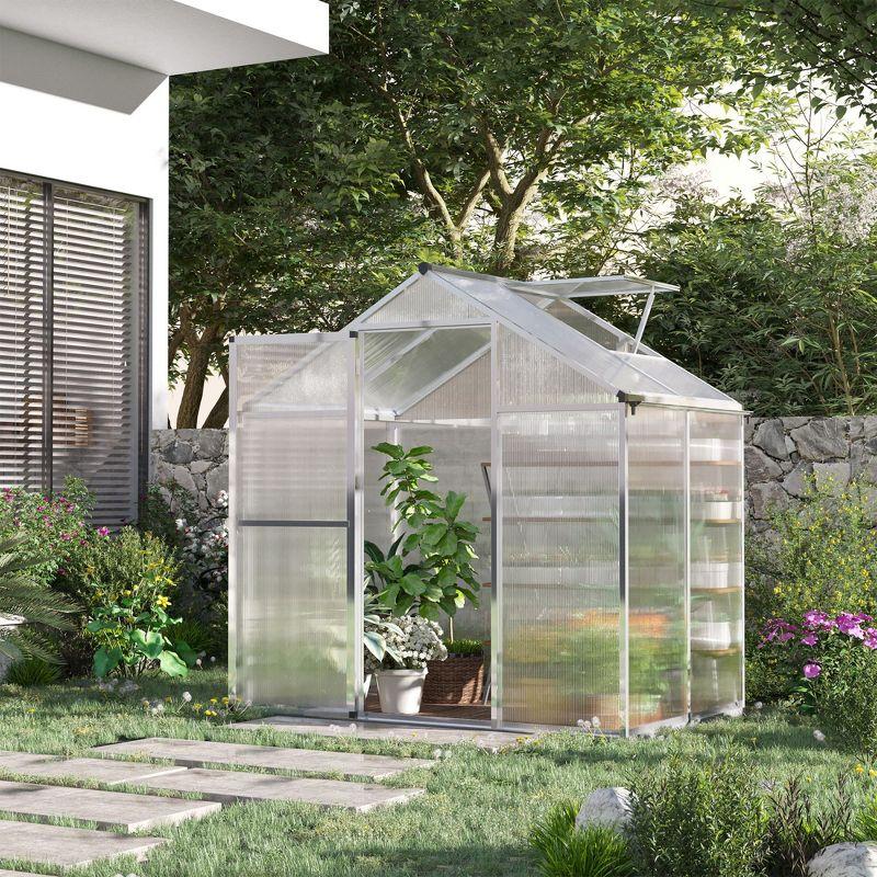 Outsunny Walk-In Polycarbonate Greenhouse with Roof Vent for Ventilation & Rain Gutter, Hobby Greenhouse for Winter