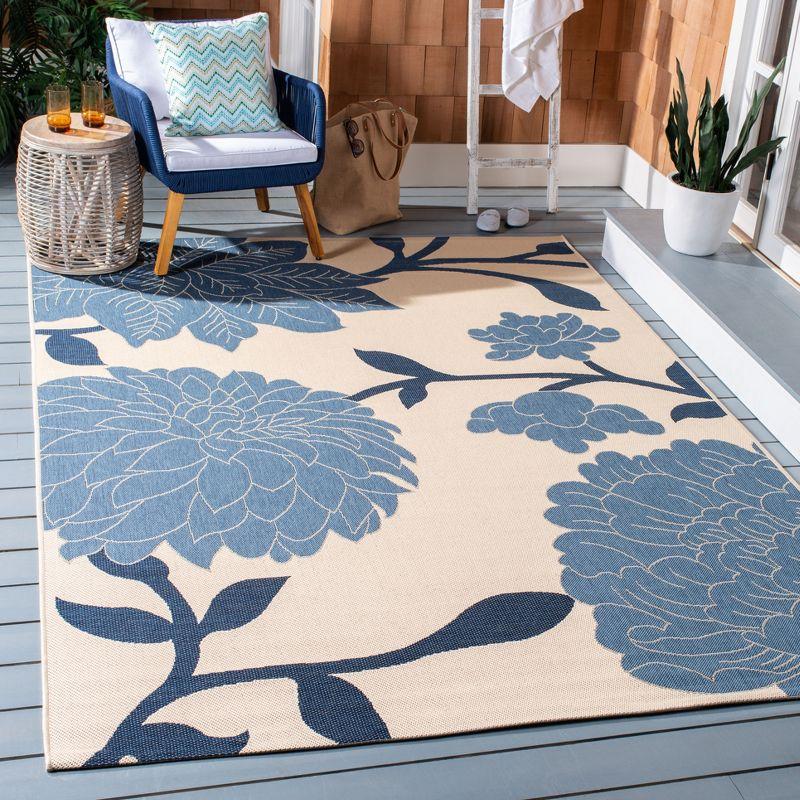 Beige and Blue Floral Rectangular Indoor/Outdoor Rug