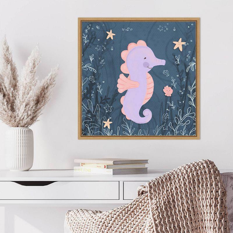 Seahorse and Turtle Blue I Pastel Canvas Wall Art with Maple Frame