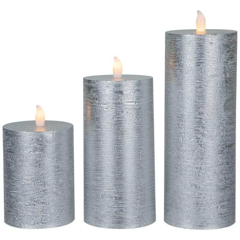 Northlight Flameless Flickering LED Wax Pillar Candles - 8" - Brushed Silver - Set of 3